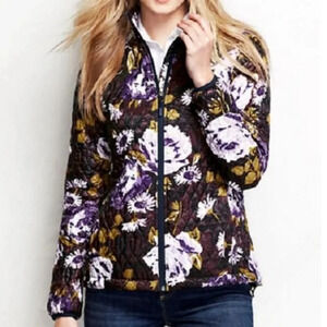 Land's End Women's Packable Puffer Lightweight Coat Raisin Floral Pattern Xsmall